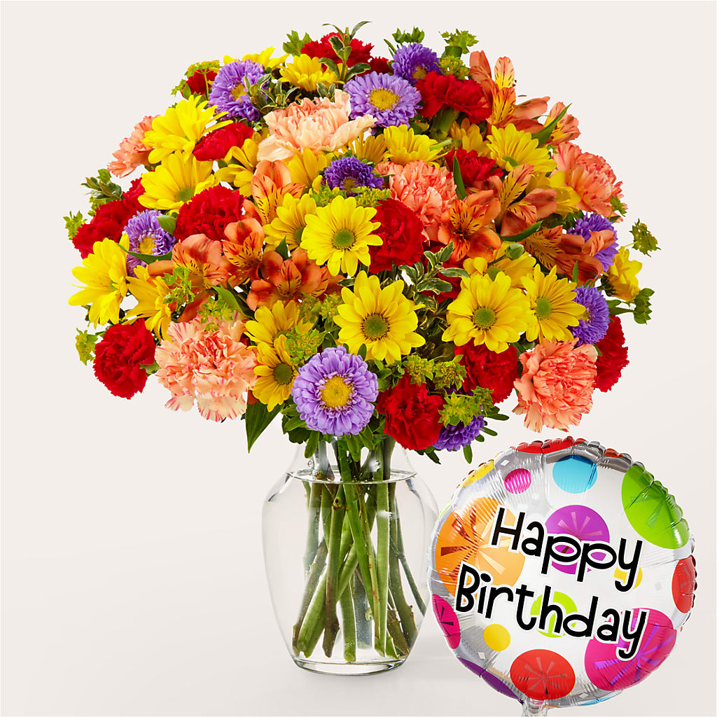 Kaleidoscope Bouquet with Birthday Balloon – Heavenly Plants, Regina SK