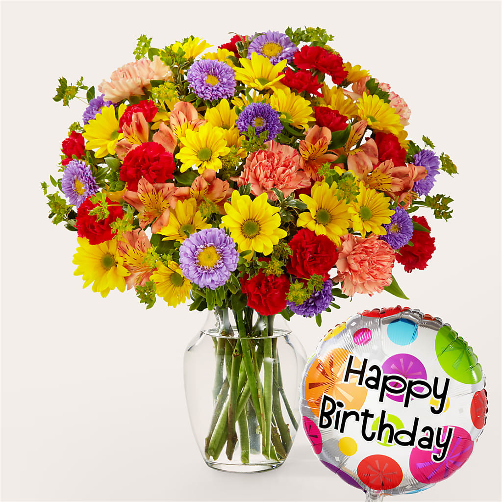 Kaleidoscope Bouquet with Birthday Balloon – Heavenly Plants, Regina SK