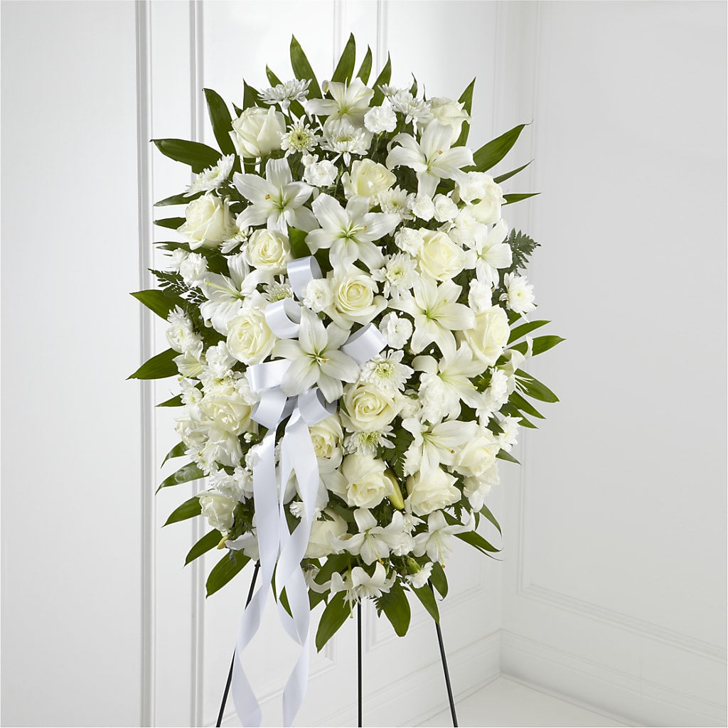 Exquisite Tribute Standing Spray-White Ribbon – Heavenly Plants, Regina SK
