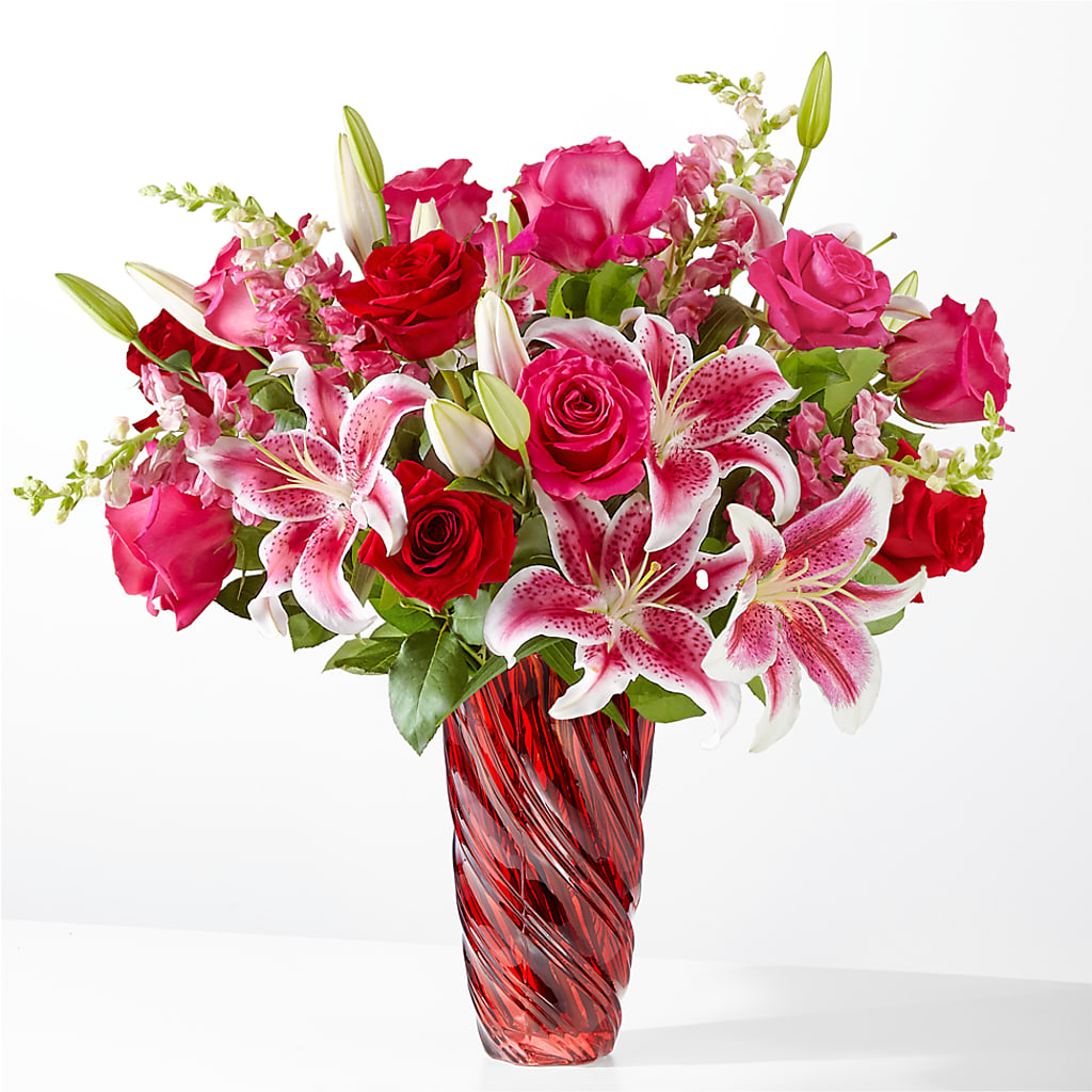 Bouquet « Always You » avec vase à spirales rouges