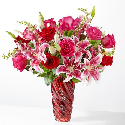 Bouquet « Always You » avec vase à spirales rouges