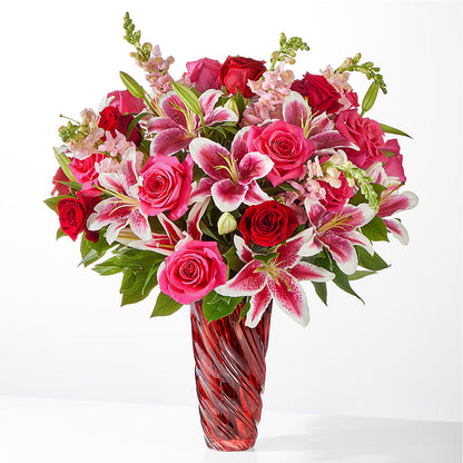 Bouquet « Always You » avec vase à spirales rouges