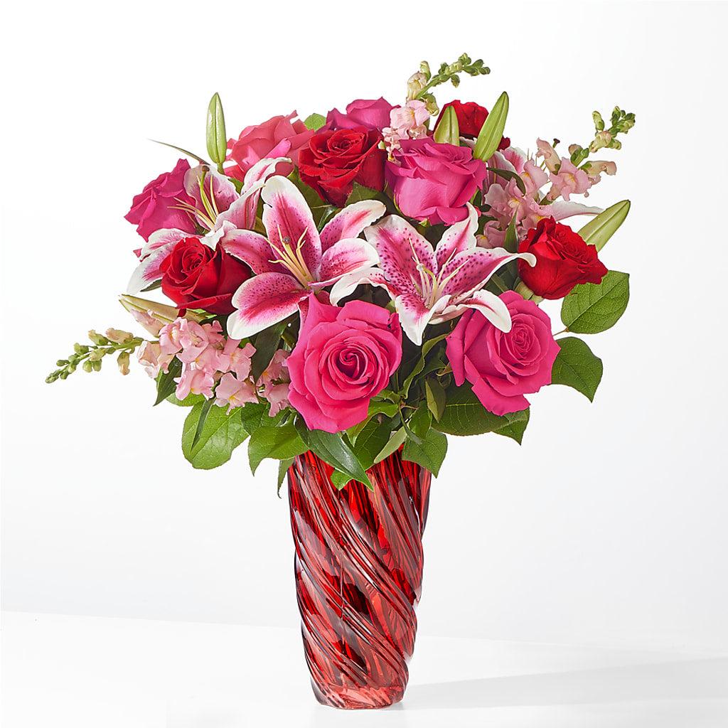 Bouquet « Always You » avec vase à spirales rouges